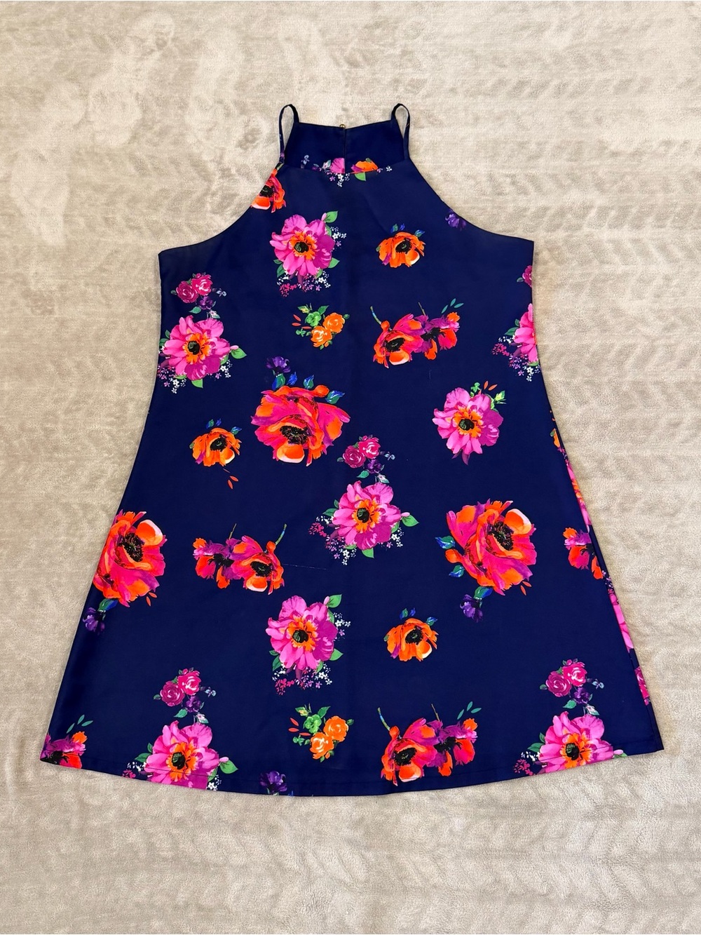 Chic Navy Blue Tropical Floral Halter Mini Dress Size XL Summer Vacation Look